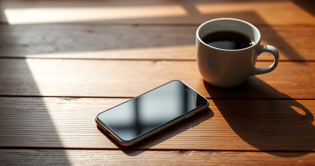 Celular sobre uma mesa de madeira, ao lado de uma xícara de café