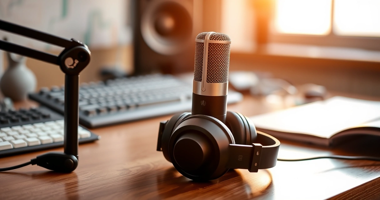 Microfone de podcast e fones de ouvido sobre a mesa