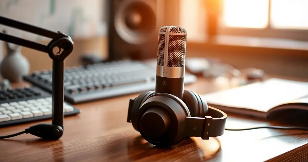 Microfone de podcast e fones de ouvido sobre a mesa