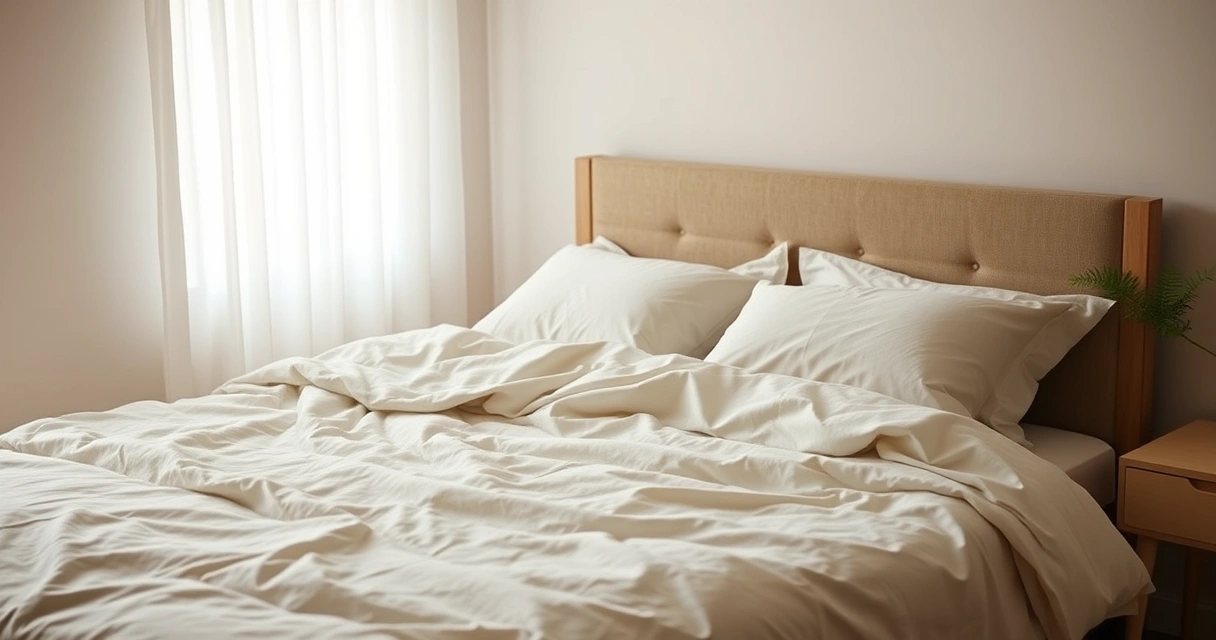 Cama arrumada com roupa de cama clara num quarto tranquilo