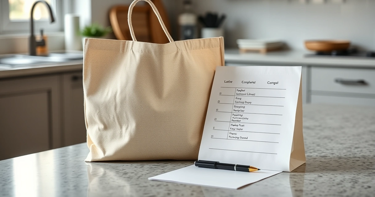 Lista de papel e caneta ao lado de uma sacola na bancada da cozinha