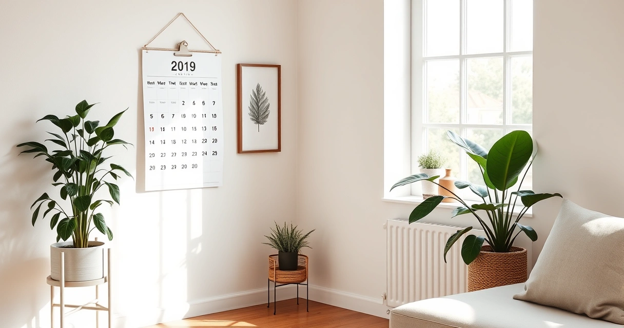 Calendário de parede e um vaso de planta no canto de uma sala