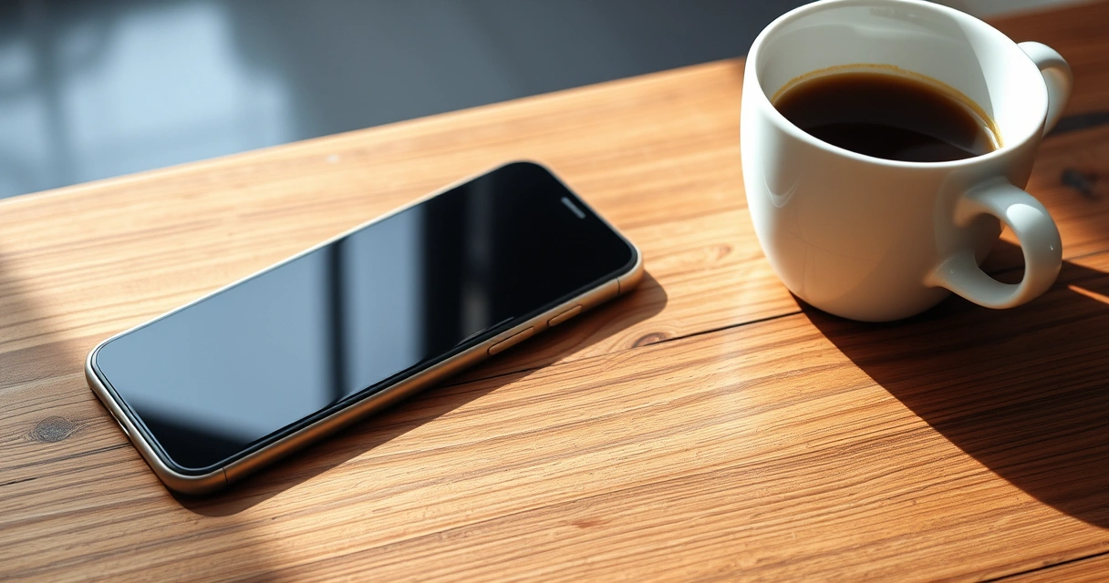 Celular sobre uma mesa de madeira, ao lado de uma xícara de café
