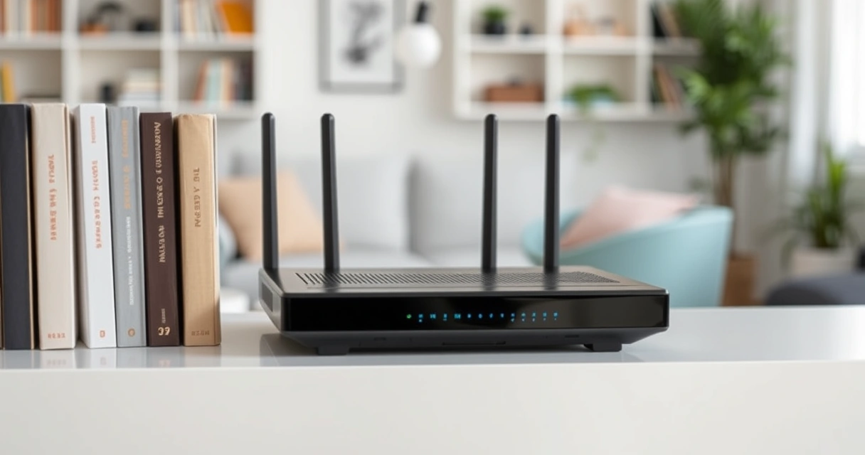 Roteador de internet numa prateleira, ao lado de livros