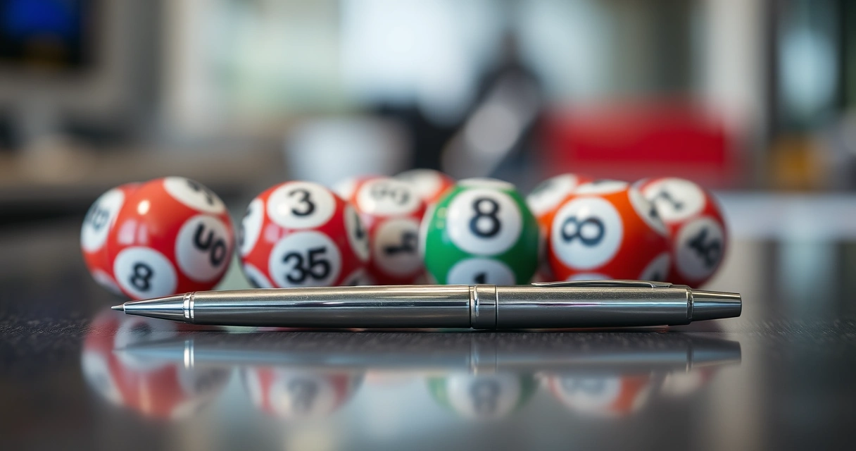 Bolas de sorteio e uma caneta sobre um balcão
