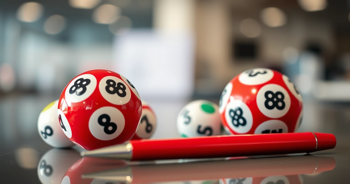 Bolas de sorteio e uma caneta sobre um balcão