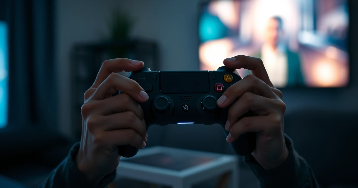 Mãos segurando um controle de videogame, com o brilho da tela ao fundo