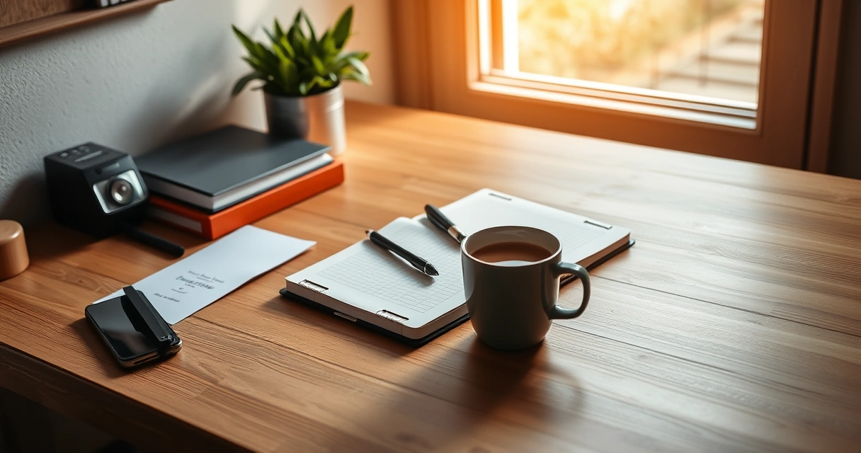 Escrivaninha organizada com caderno, caneta e xícara de café