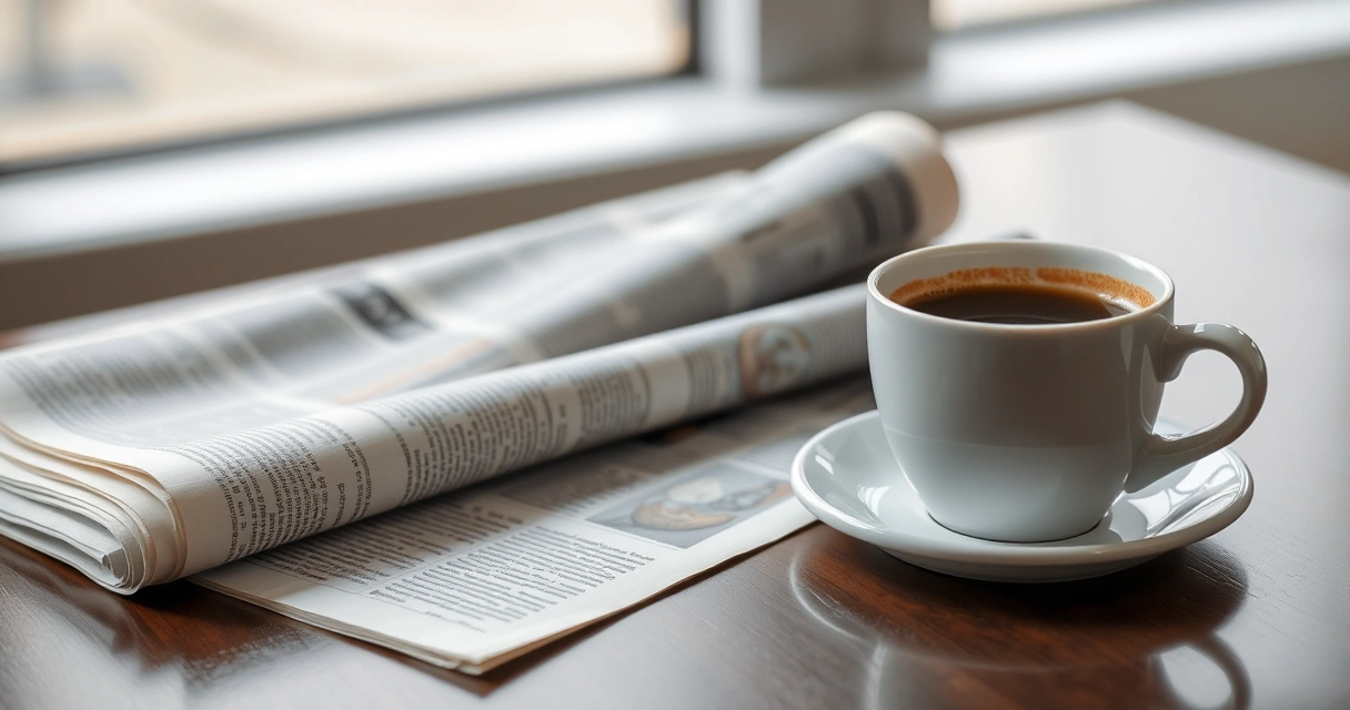 Jornal dobrado e uma xícara de café sobre a mesa