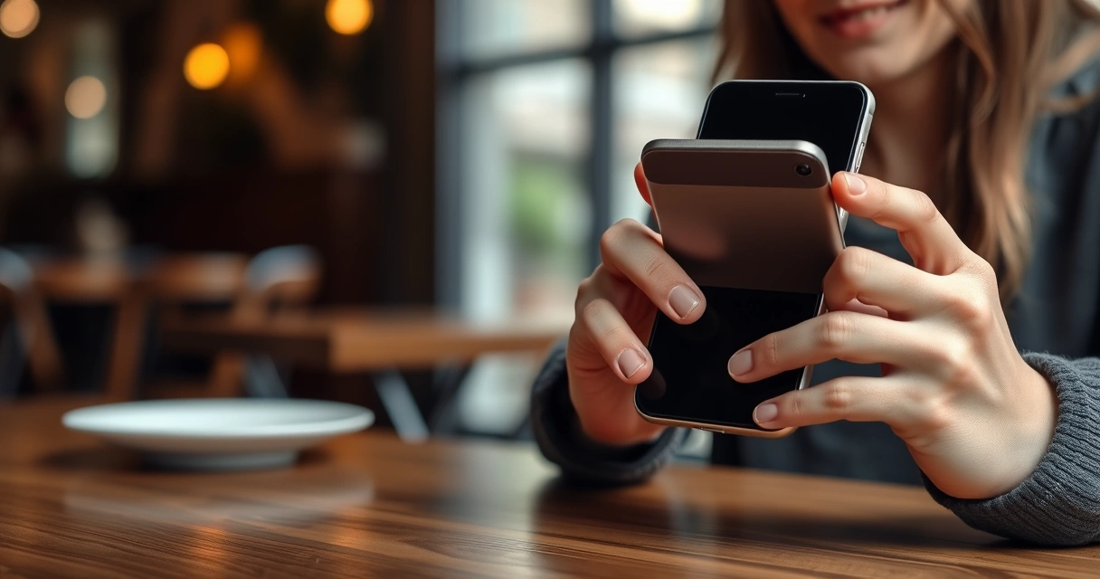 Pessoa segurando um celular na mesa de uma cafeteria