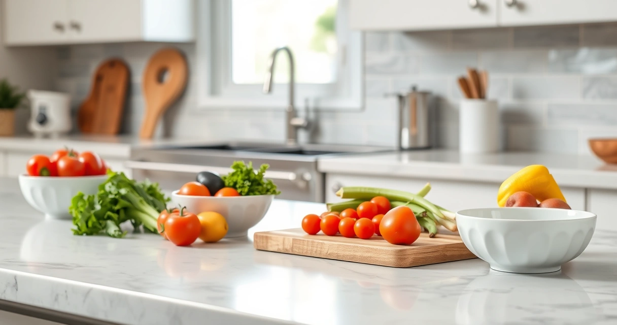 Bancada de cozinha com tábua, tigelas e legumes frescos