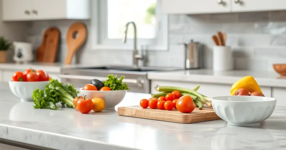 Bancada de cozinha com tábua, tigelas e legumes frescos