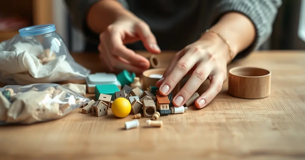Mãos separando pequenos objetos domésticos sobre uma mesa de madeira