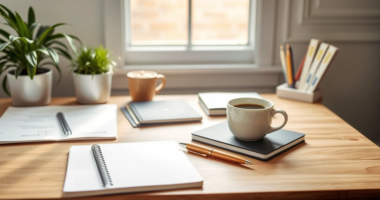 Escrivaninha organizada com caderno, caneta e xícara de café