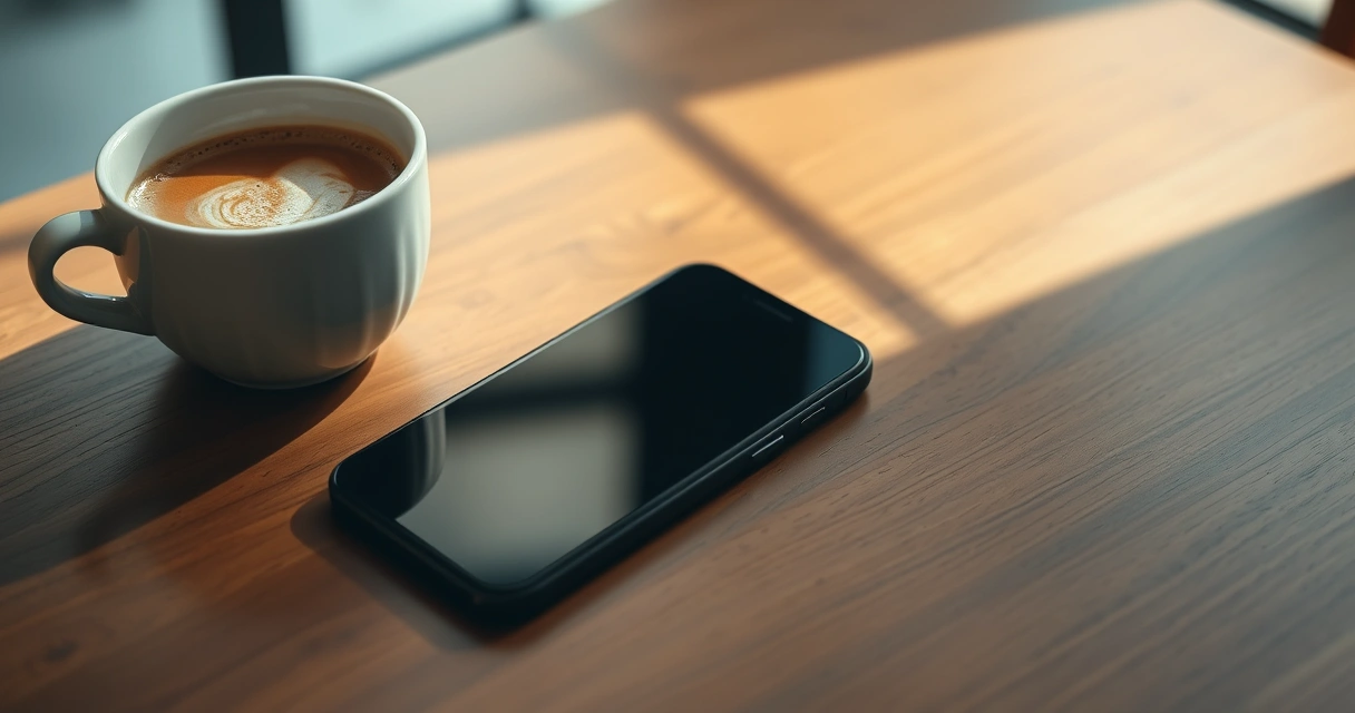 Celular sobre uma mesa de madeira, ao lado de uma xícara de café