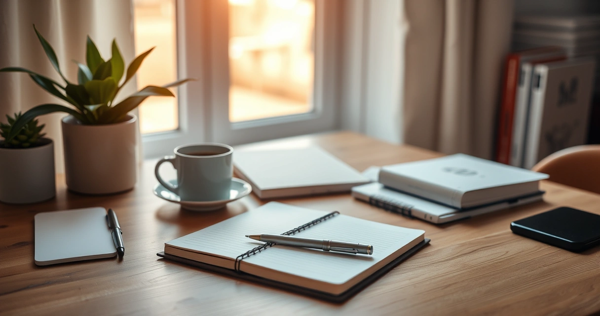 Escrivaninha organizada com caderno, caneta e xícara de café
