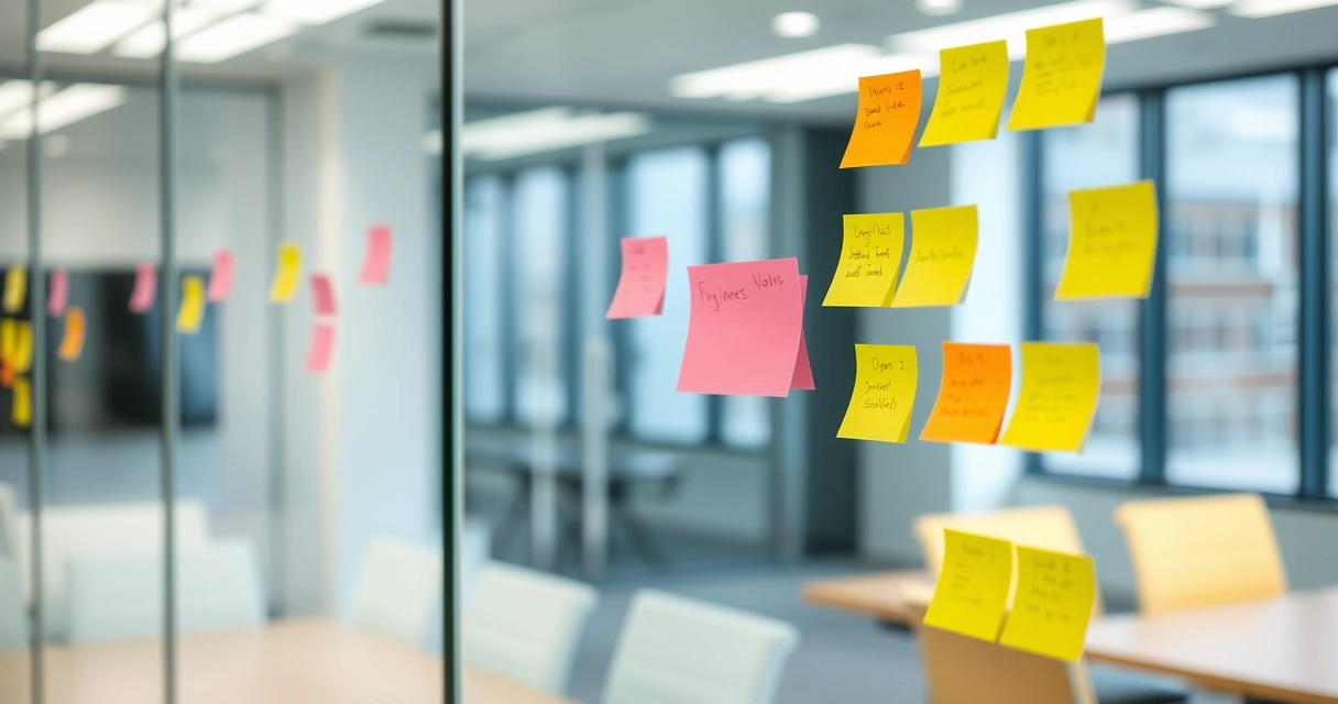 Post-its colados numa parede de vidro em sala de reunião