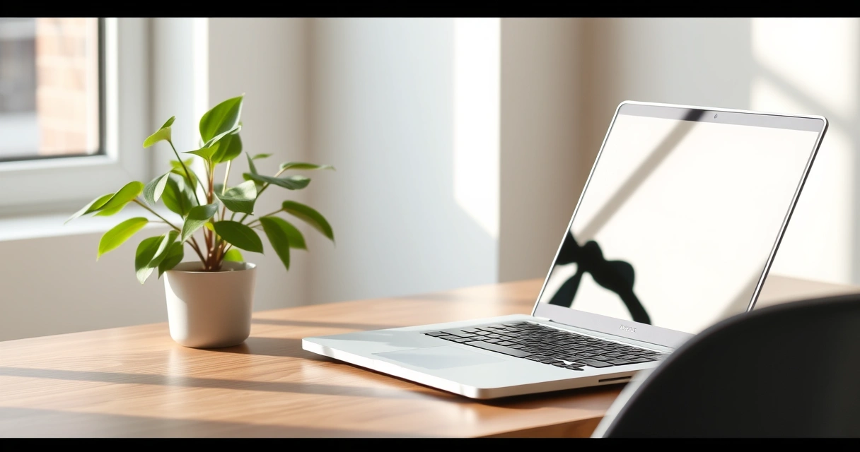 Notebook aberto sobre a mesa, com uma planta ao lado
