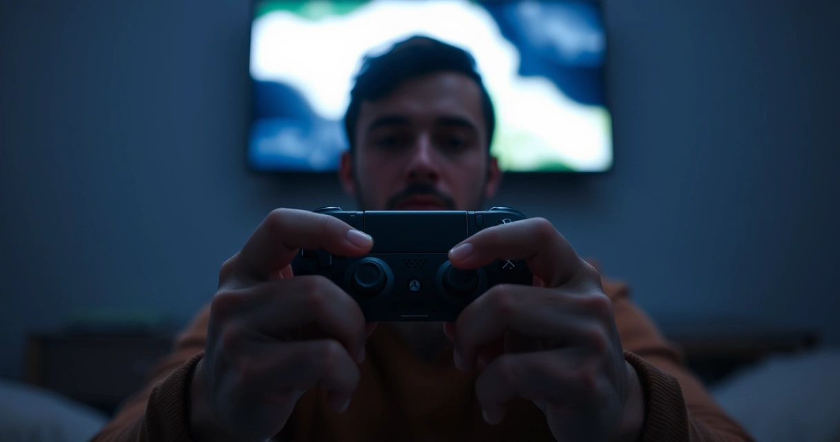 Mãos segurando um controle de videogame, com o brilho da tela ao fundo