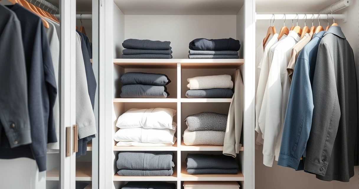 Roupas dobradas com cuidado dentro de um guarda-roupa aberto