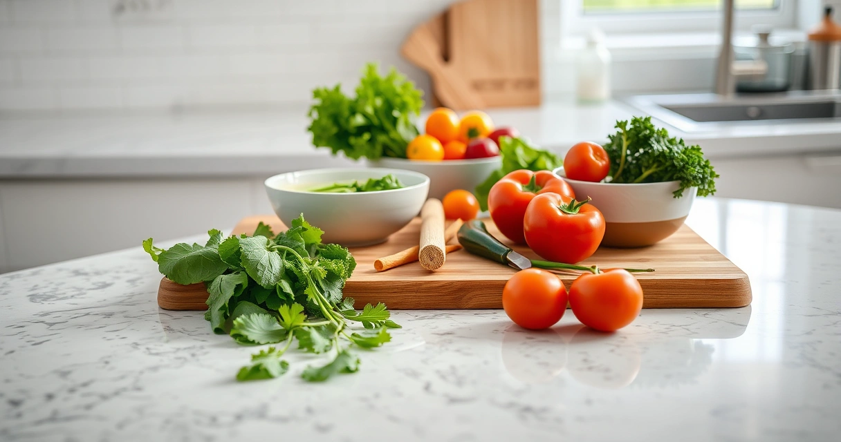 Bancada de cozinha com tábua, tigelas e legumes frescos