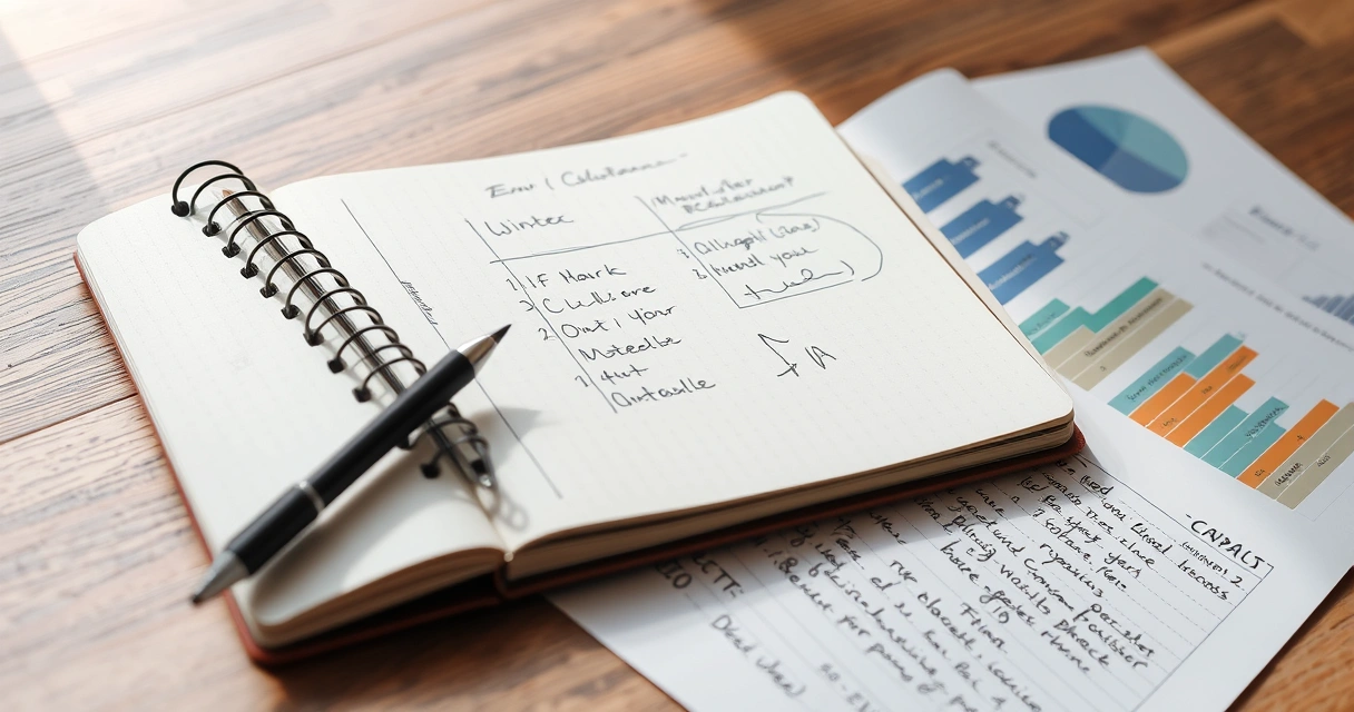 Caderno com anotações à mão ao lado de um gráfico impresso