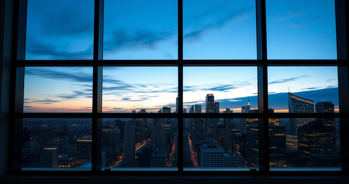 Janela de escritório com vista para a cidade ao anoitecer