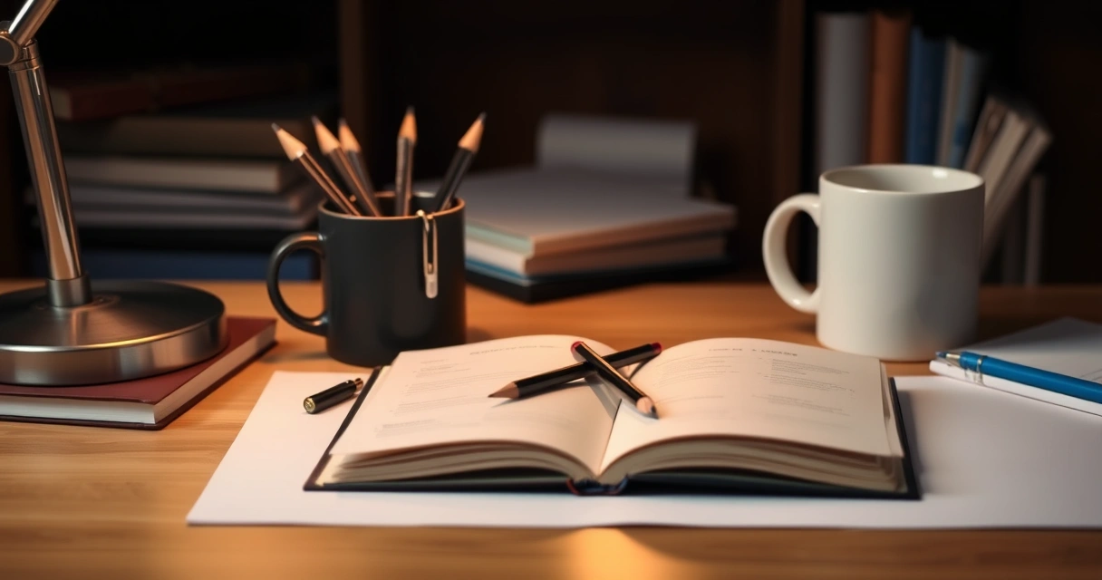Caderno aberto, lápis e uma caneca sobre a mesa de estudo