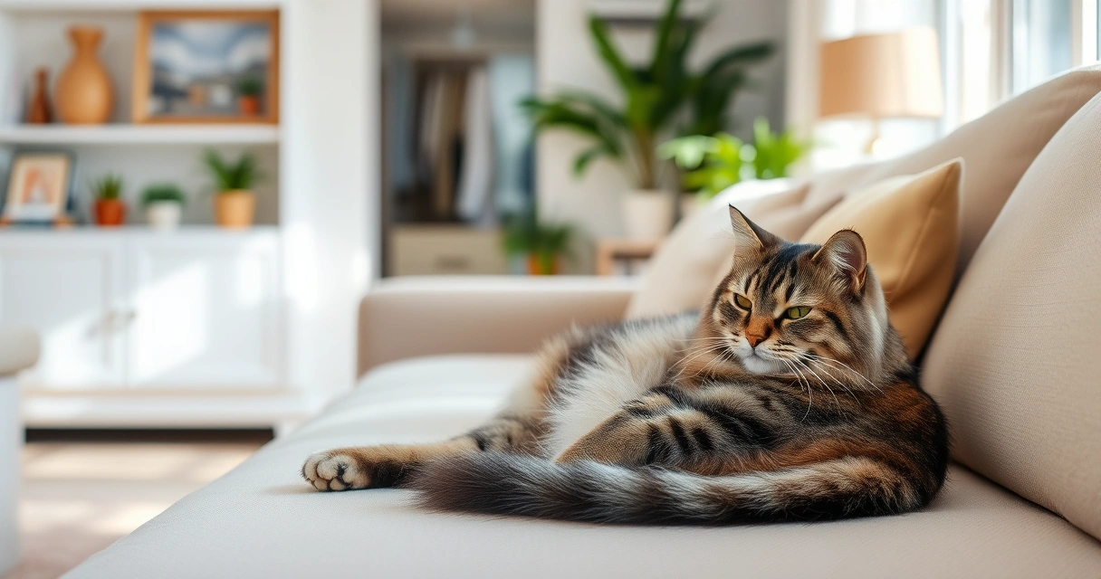 Gato descansando no sofá de uma sala clara