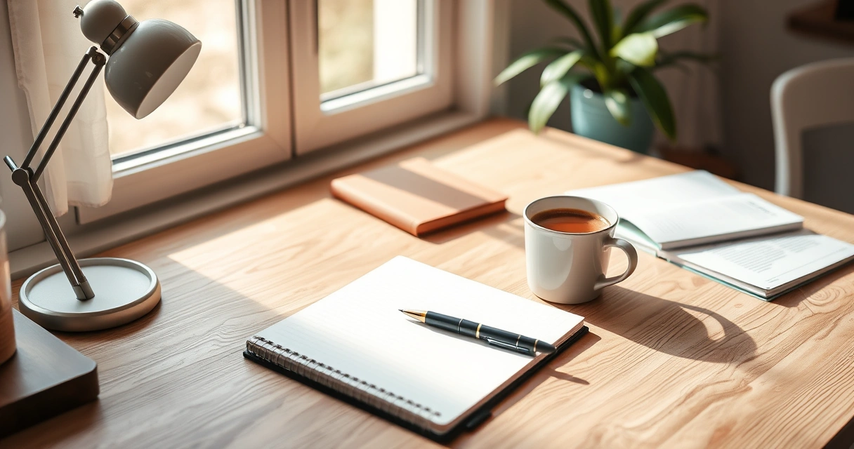 Escrivaninha organizada com caderno, caneta e xícara de café