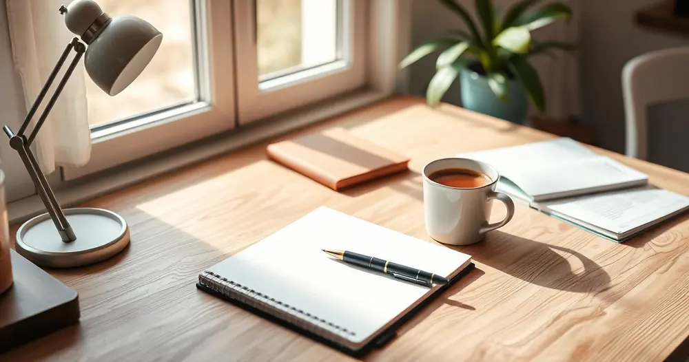 Escrivaninha organizada com caderno, caneta e xícara de café
