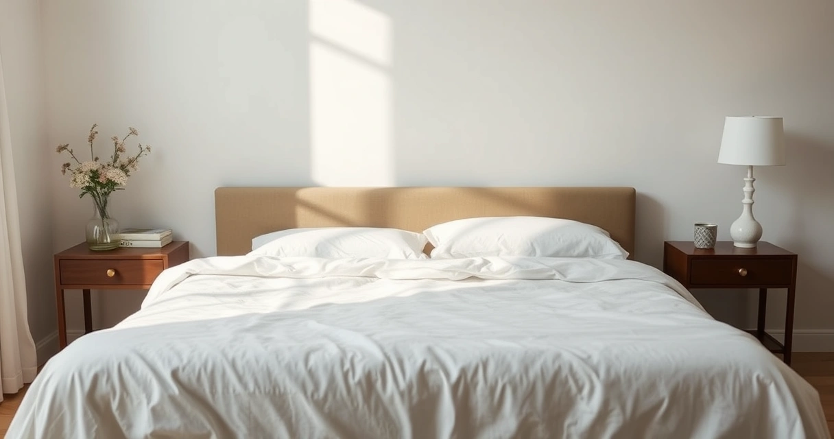 Cama arrumada com roupa de cama clara, num quarto tranquilo