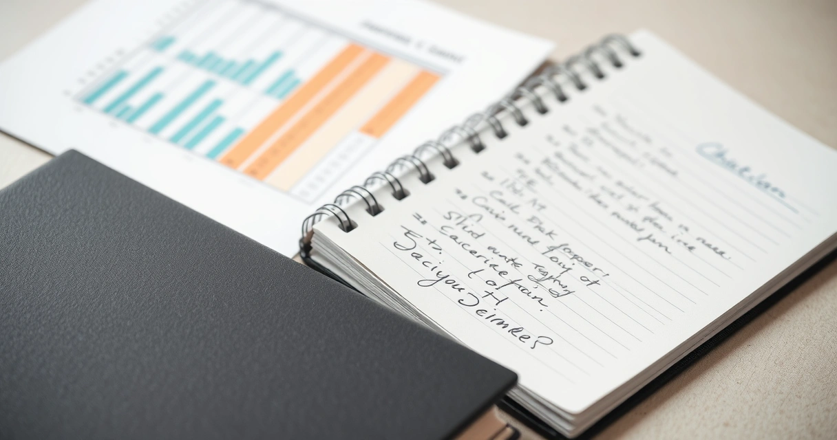 Caderno com anotações à mão ao lado de um gráfico impresso
