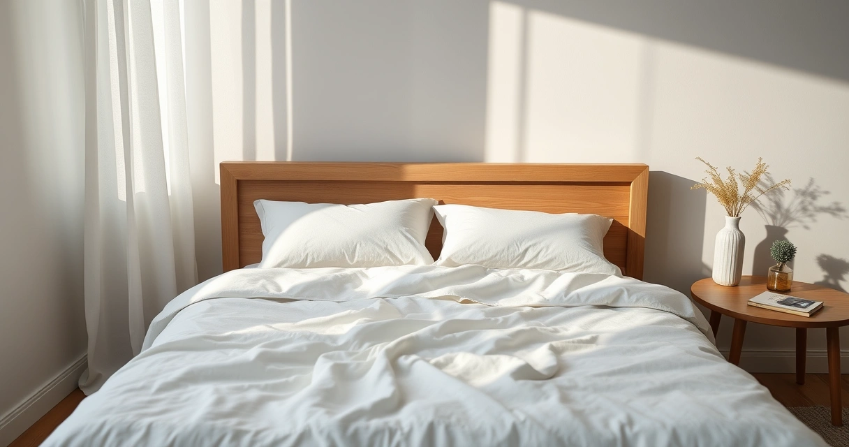 Cama arrumada com roupa de cama clara, num quarto tranquilo