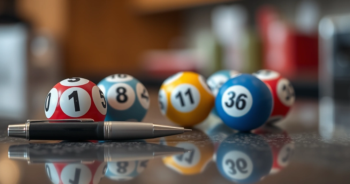 Bolas de sorteio e uma caneta sobre um balcão