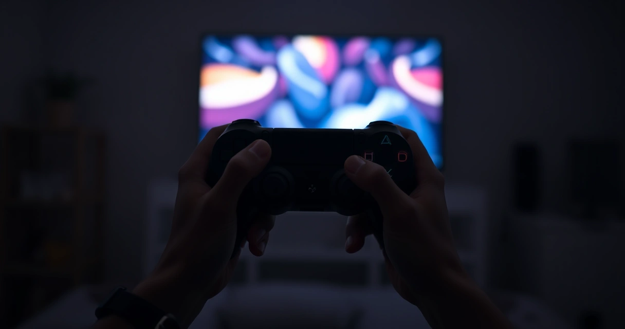 Mãos segurando um controle de videogame, com o brilho da tela ao fundo