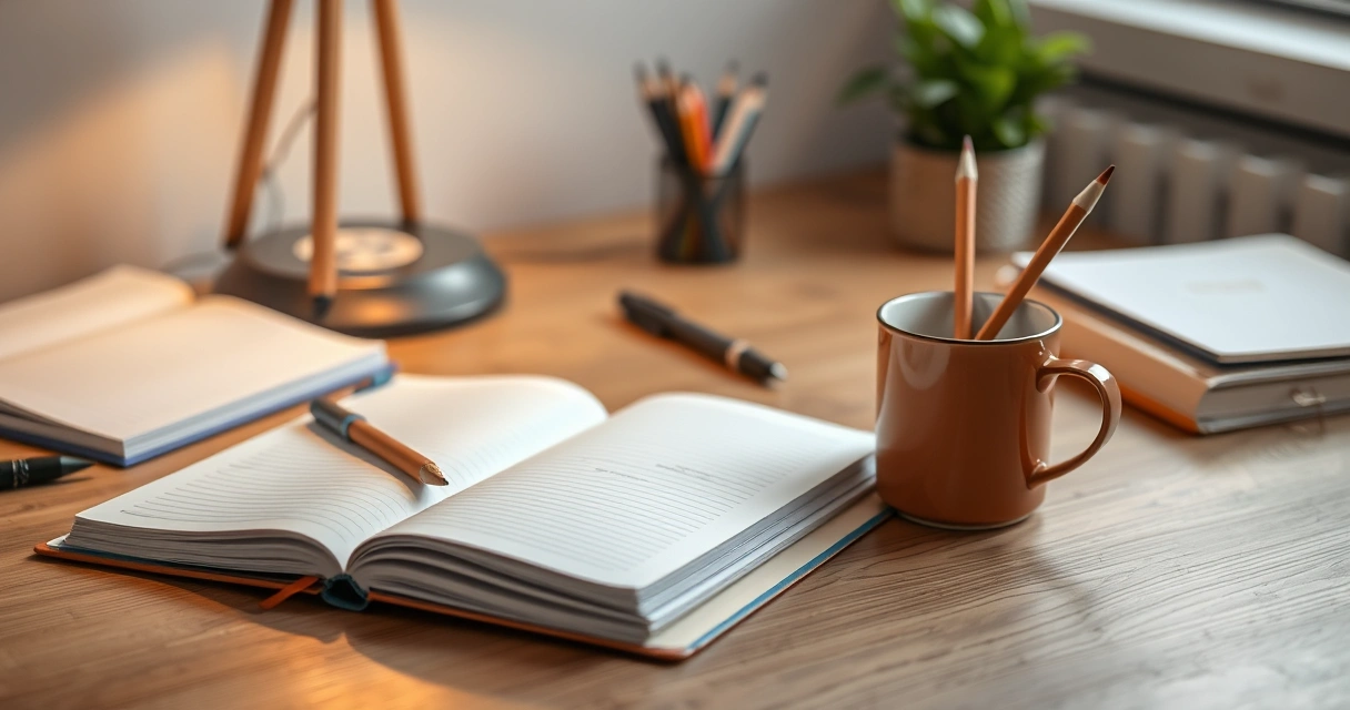 Caderno aberto, lápis e uma caneca sobre a mesa de estudo