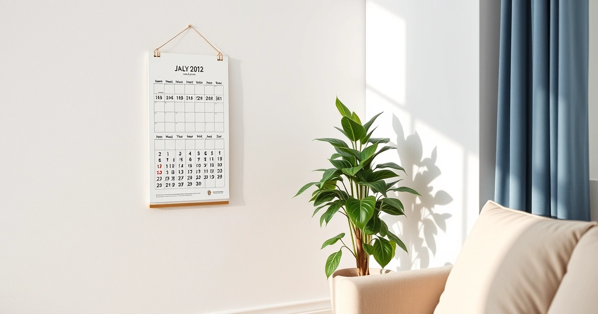 Calendário de parede e um vaso de planta no canto de uma sala