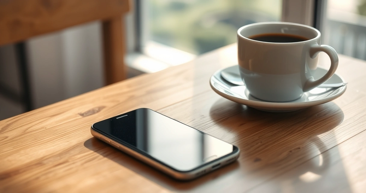 Celular sobre uma mesa de madeira, ao lado de uma xícara de café
