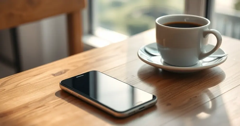 Celular sobre uma mesa de madeira, ao lado de uma xícara de café