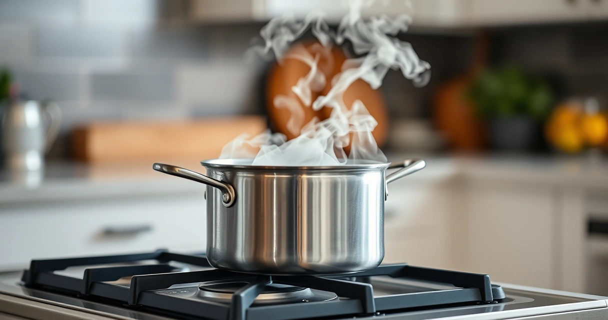 Panela sobre o fogão, com vapor subindo, e a bancada desfocada ao fundo