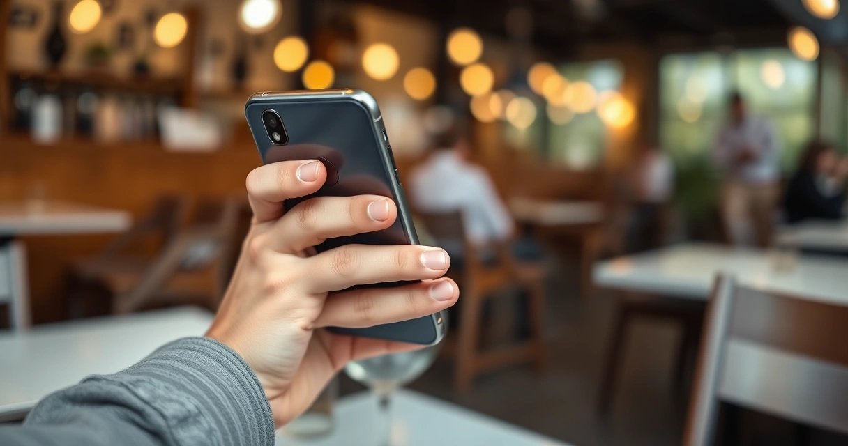Pessoa segurando um celular na mesa de uma cafeteria