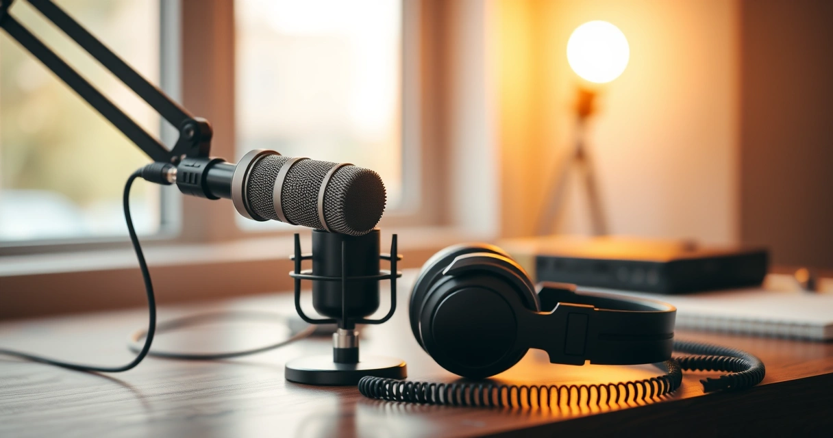 Microfone de podcast e fones de ouvido sobre a mesa