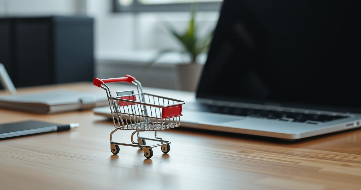 Carrinho de compras em miniatura ao lado de um notebook