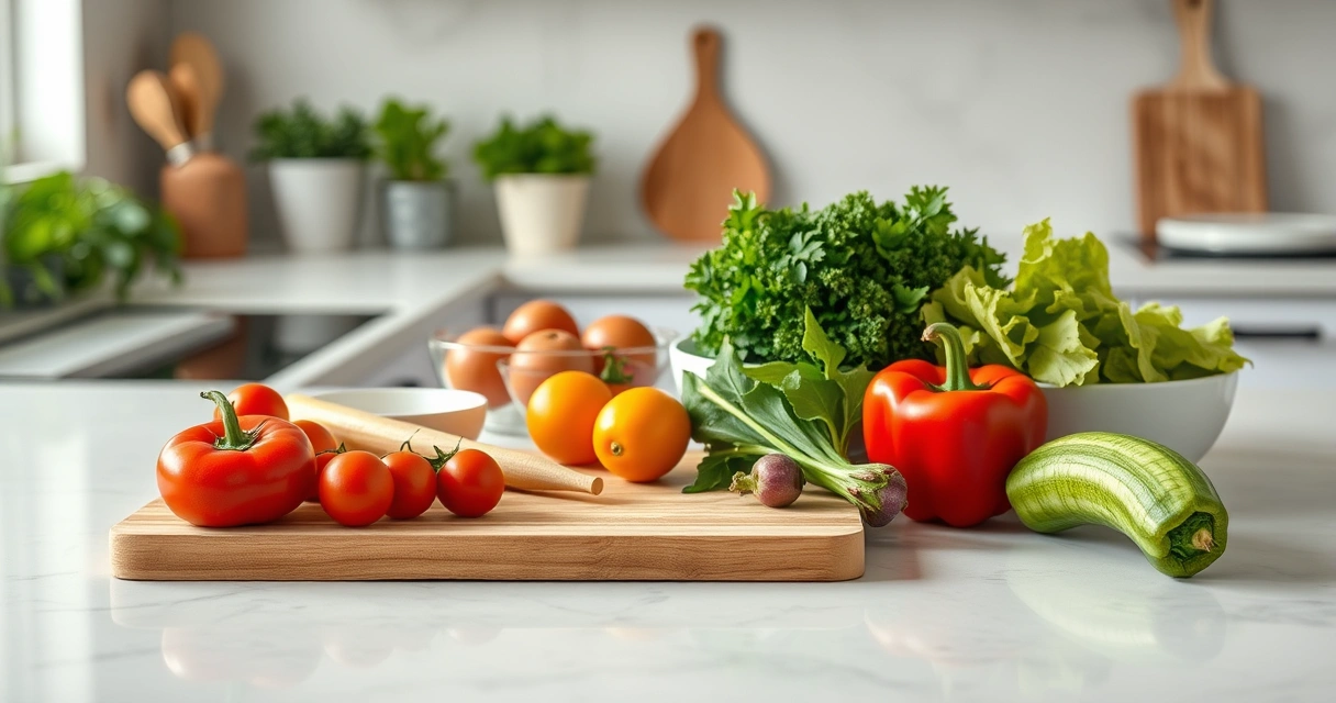 Bancada de cozinha com tábua, tigelas e legumes frescos