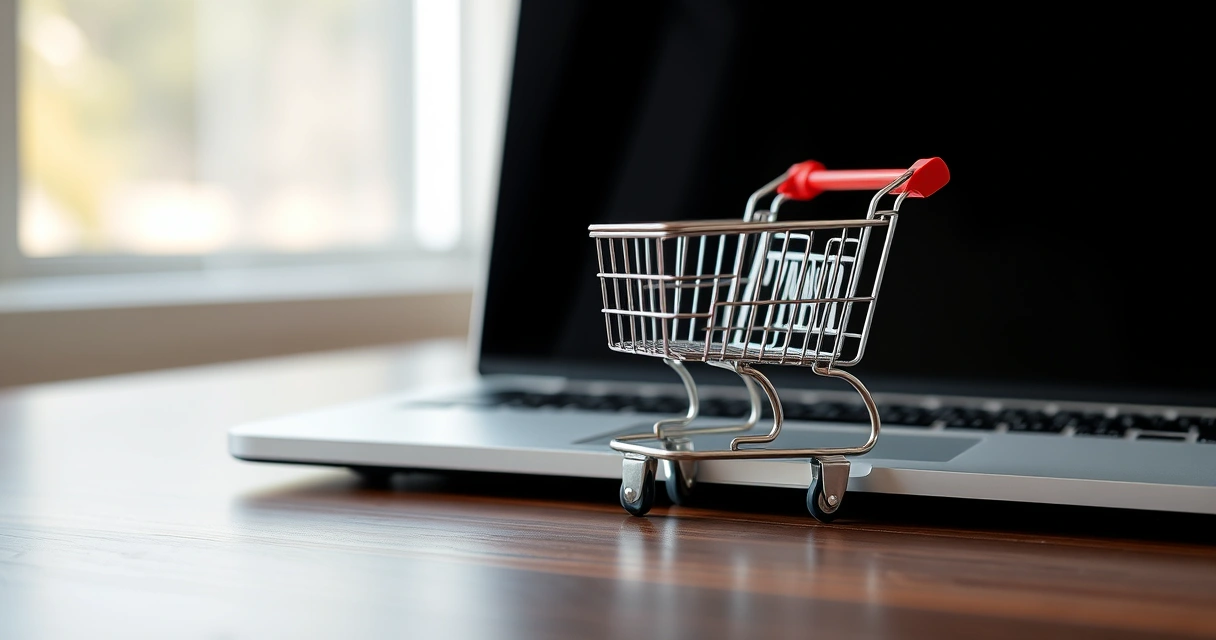 Carrinho de compras em miniatura ao lado de um notebook