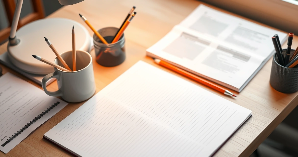 Caderno aberto, lápis e uma caneca sobre a mesa de estudo