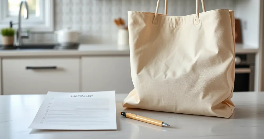 Lista de papel e caneta ao lado de uma sacola na bancada da cozinha