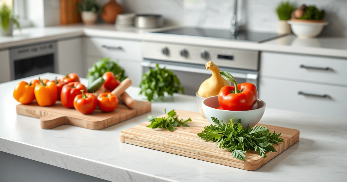 Bancada de cozinha com tábua, tigelas e legumes frescos