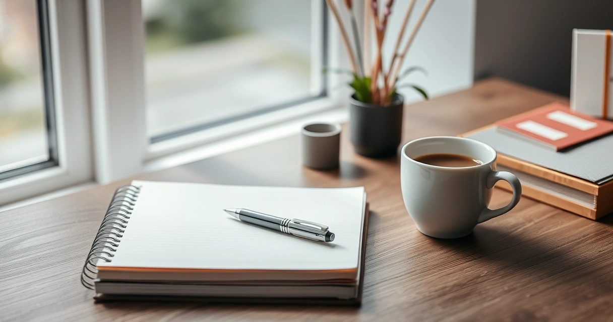 Escrivaninha organizada com caderno, caneta e xícara de café